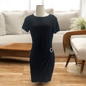 Tiana B Black Faux Wrap Dress Pearl Accent Short Sleeve Elegant Party Cocktail S